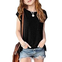 Girls Casual Cap Sleeve T Shirts Basic Summer Tops Loose Solid Color Blouse with Pocket 5-14 Years