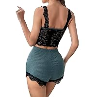 GORGLITTER Women's Ribbed Knit Pajama Set Contrast Lace Cami Top and Lounge Shorts Set Sleepwear