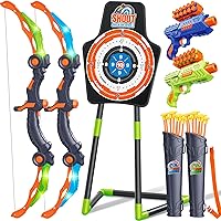 GMAOPHY Bow and Arrow for 5 6 7 8 9 10 11+ Year Old Boys, Birthday Gift for Kids, Indoor Outdoor Activity Toys, 2 Pack LED Light Up Archery Toy with 20 Suction Cup Arrows, Standing Target, 2 Quiver