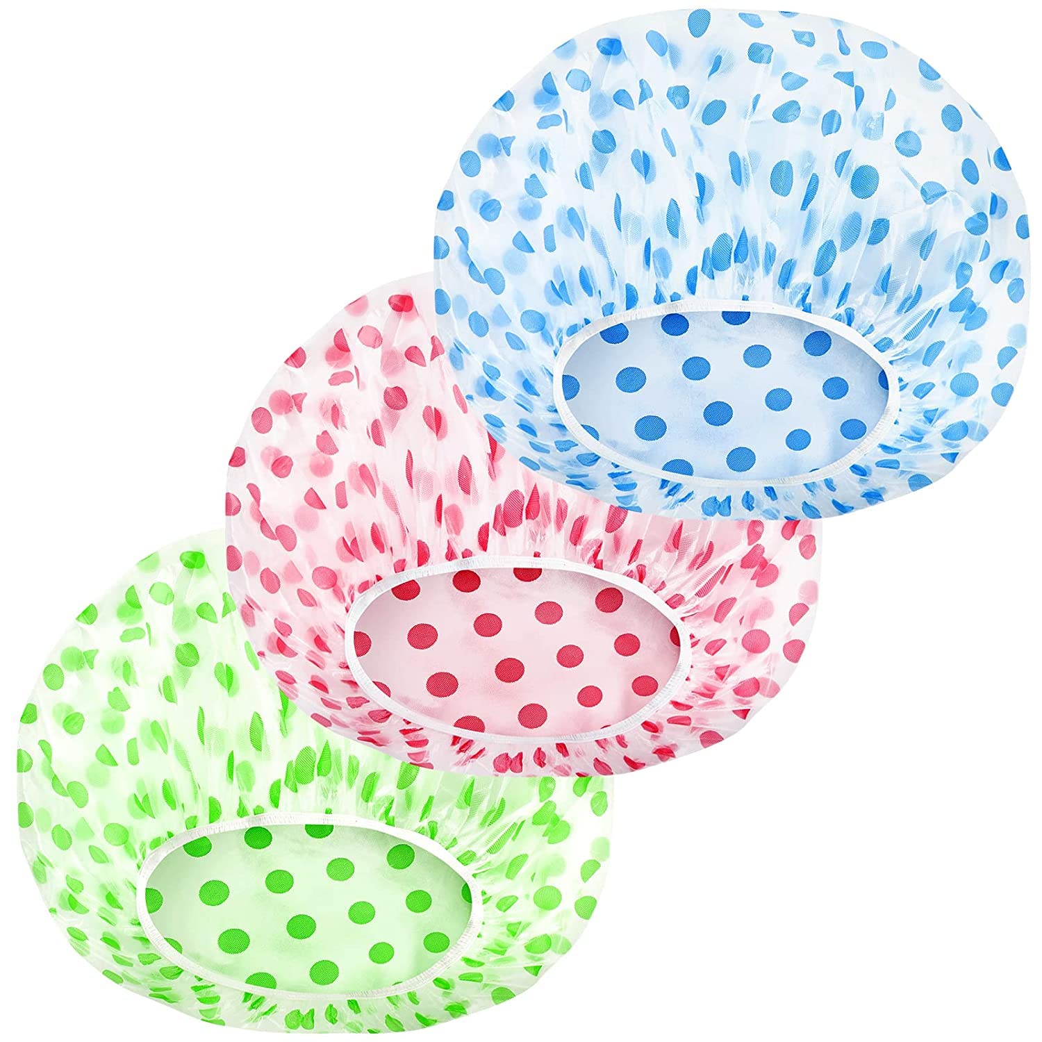 MZD8391 Shower Cap, Reusable Shower Hat Bath Caps - Waterproof with Elastic Band Hair Hat for Men Women Ladies Spa Salon (Coloful Dotted) (3 Packs)