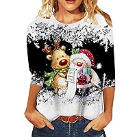 Christmas Shirt, Women's Fashion Casual Three Quarter Sleeve Christmas Day Print Round Neck Pullover Top Blouse