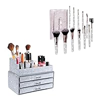 KEYPOWER Bling Rhinestone Makeup Cosmetic Jewelry Organizers Drawer & 12PCS Makeup Brush with Pouch Bag(White)
