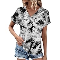 Women's Summer Tops Spring and Fashion Retro Printed T-Shirt Pleated Button V Neck Short Sleeve Top Shirts, S-2XL