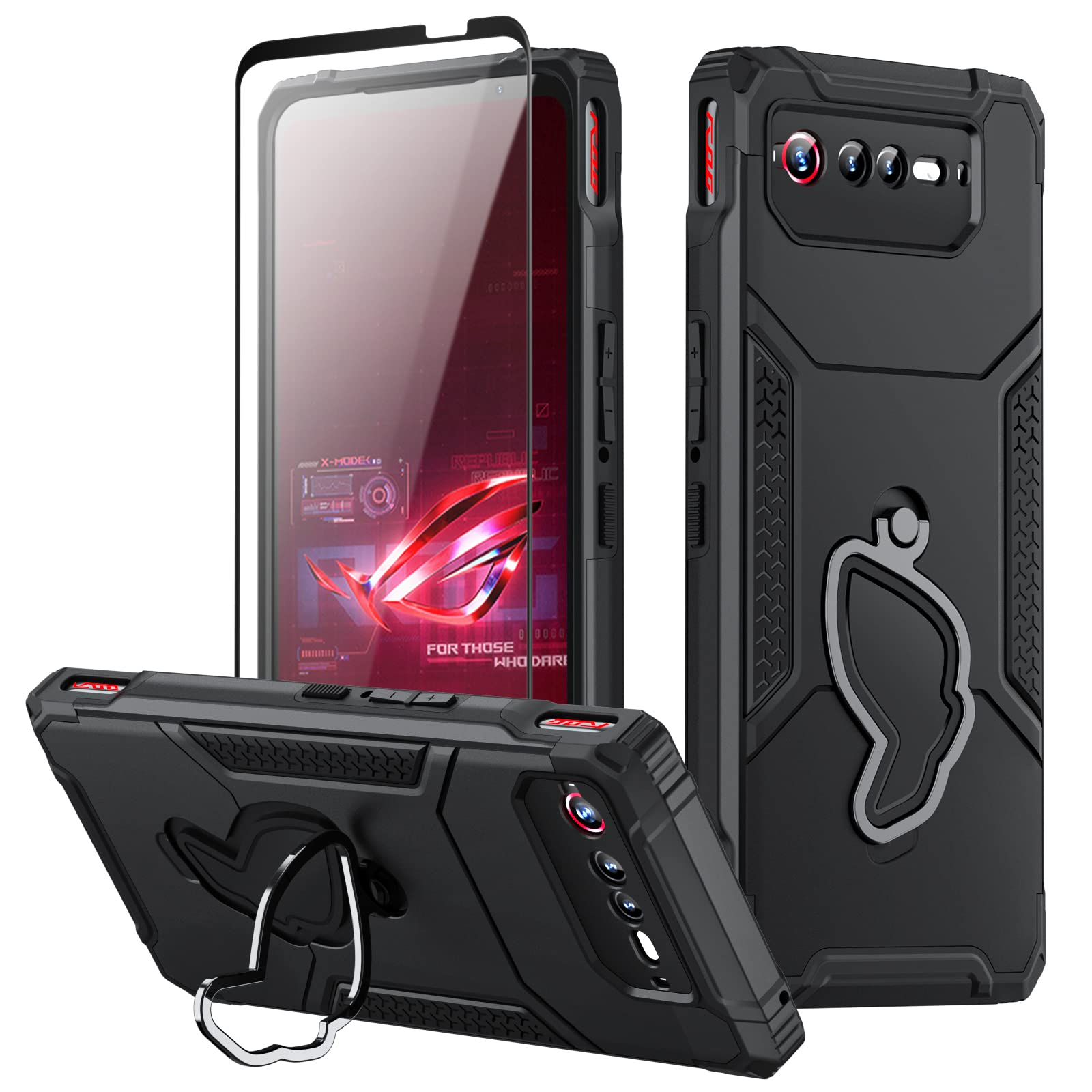 Fanbiya Armor Case for ASUS ROG Phone 6, 6 Pro Case with Kickstand & Camera Protector, 360° Full Body Protection Rugged Shockproof Case with Tempered Glass, Black