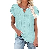 Rvidbe Women's Casual Dressy Short Petal Sleeve Shirts Pleated Fashion Front Key Hole Scoop Neck Solid Printed Loose Fit Tops