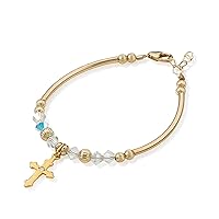 Adorable Gold Little Girl Banglet Bracelet - with Gold Cross Pendant, Crystals and Gold Beads - Perfect for Birthday Gifts, Baby Keepsake Gifts (BN12)