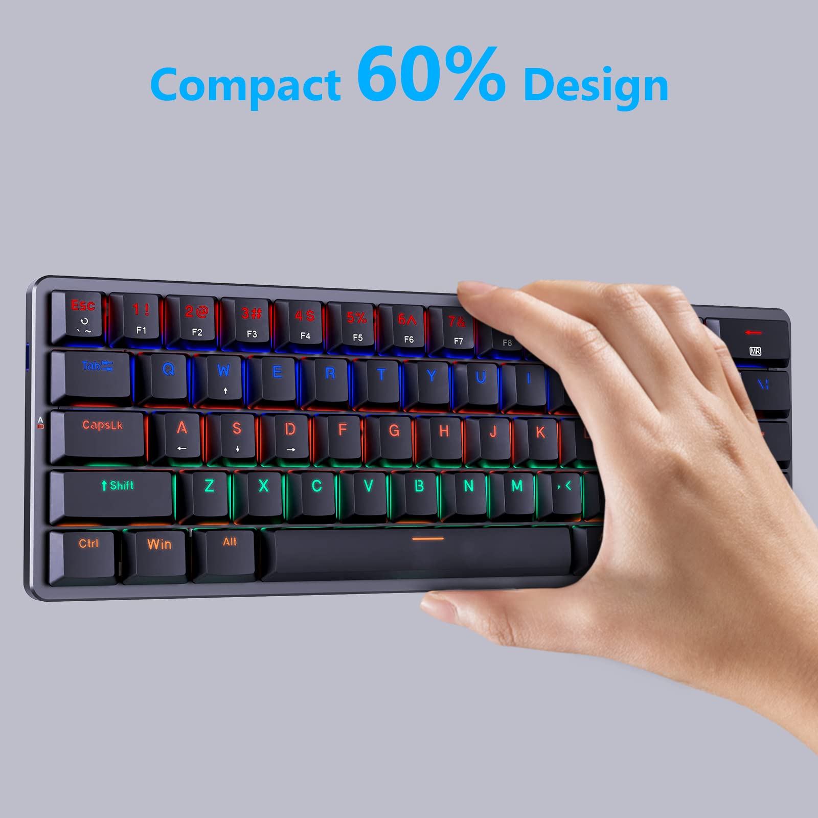 Redragon 60 Percent Mini Keyboard, Mechanical Gaming Keyboard with Low Profile Blue Switches, 18 LED Backlits, Wired Compact Portable Keyboard for Windows PC Mac, Typing, Travel, K615