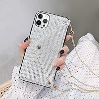 Omorro for iPhone 12 Pro Max Bling Case, Glitter Diamond Sequins Case Small Credit Card Cash Holder Wallet Case with Shiny Crossbody Chain Hard PC Back Protective Girly Stand Case White