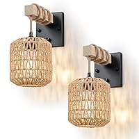 Rattan Boho Wall Sconces Set of Two, Hardwired Hand-Woven Farmhouse Wall Lamps with Wooden Arm & On/Off Dimmable Switch,Rustic Indoor Wall Mount Light Fixtures for Bedroom Nursery Living Room Bathroom