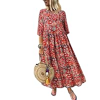 Boho Floral Dress for Womens Cotton Linen Maxi Dress Summer Beach Vacation Casual Loose Swing Dresses