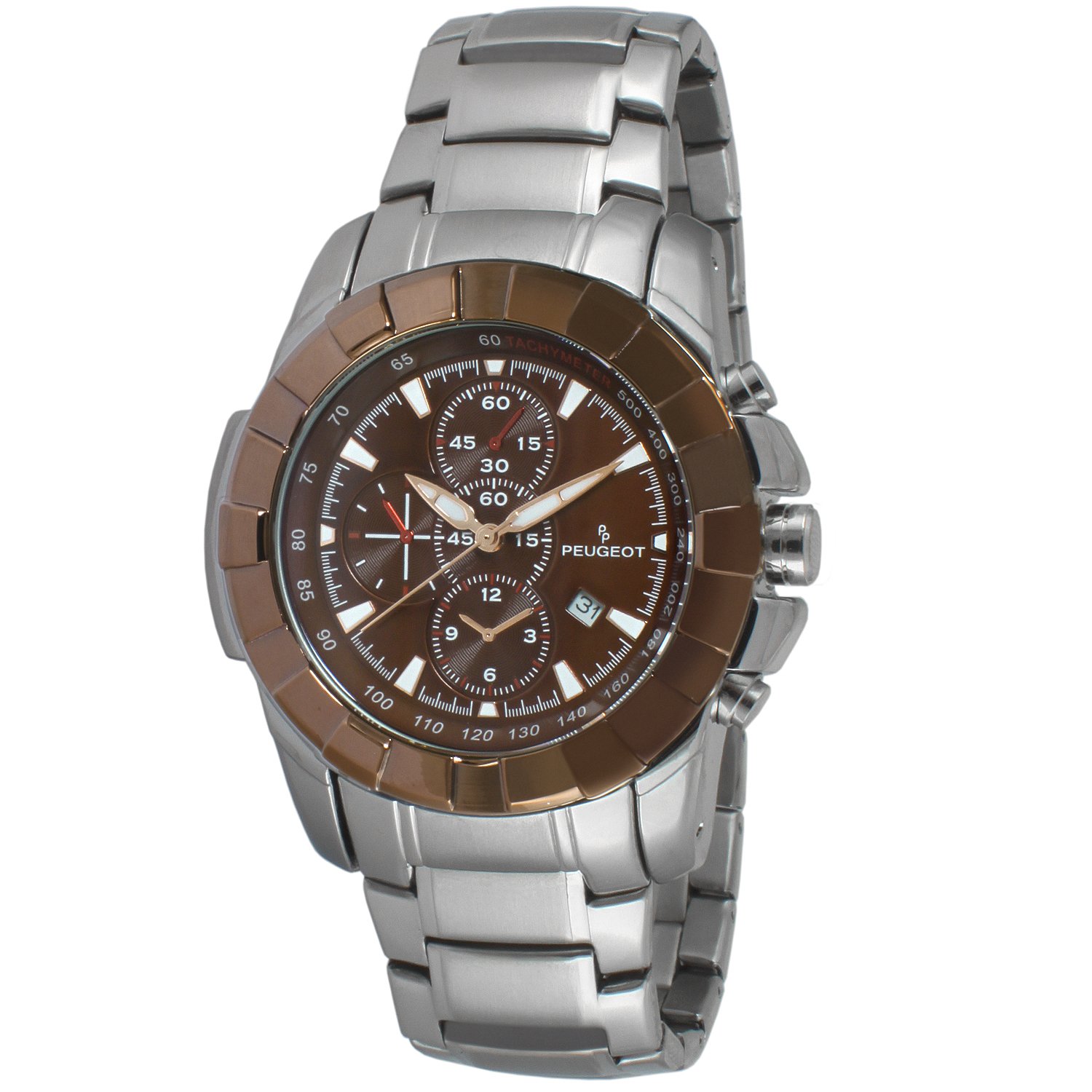 Peugeot Men's Multi-Function Sports Watch - Large Dial with Calendar wWindow and Metal Bracelet