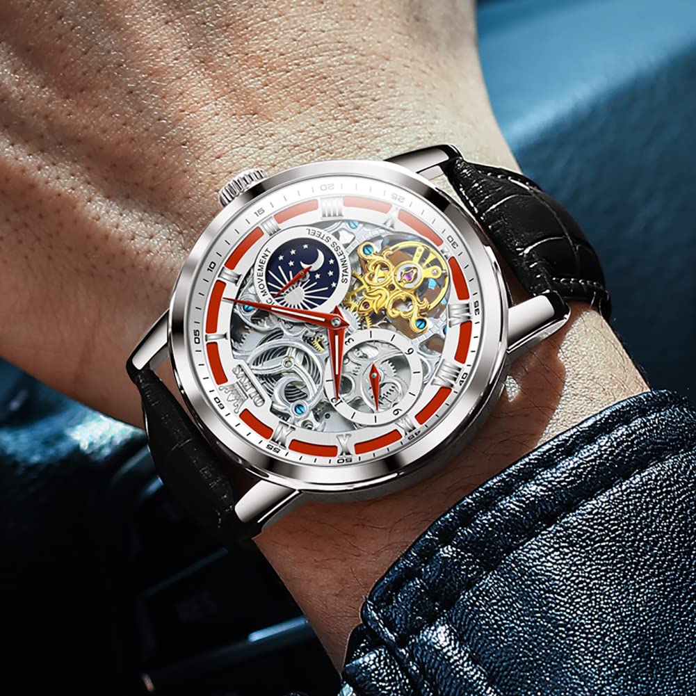 OLEVS Skelett Uhren für Herren Automatik Mechanisch Selbstaufzug Tourbillon Lederband Luxus Kleid Mondphase Armbanduhr Wasserdicht Leuchtend, Schwarzes Armband, rotes Zifferblatt, Classic