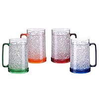 Double Wall Gel Frosty Freezer Ice Mugs Clear 16oz Set of 4 (Blue, Red, Orange and Green)
