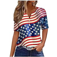 American Flag Shirt Women 4th of July Patriotic Star Striped Print Tops Button V Neck Tunic Tshirt Summer Short Sleeve Blouse