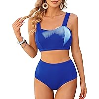 Women's Plus Size Bathing Suits Vintage Bikini Set Ribbed Swimwear High Waist Trends Two Piece Swimsuit(Royal Blue,L)