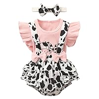 ACSUSS Baby Toddler Girls Clothes Ruffle Sleeve Romper + Cow Print Diaper Shorts + Headband Sundress