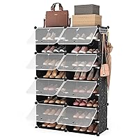 ROJASOP Shoe Rack, 8-Tier Shoes Storage Cabinet with Doors, 32 Pairs Narrow Portable Shoe Rack Organizer with 2 Hooks Plastic Shoe Closet for Entryway Bedroom Hallway (Black, 2 by 8)