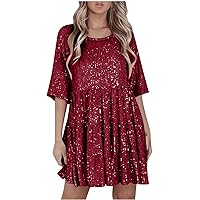 Women Sequin Dress Sparkly Giltter Tunic Dresses Round Neck Half Sleeve Loose Swing Dress Disco Party Concert Outfits Wine