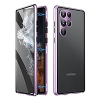 Magnetic Case for Samsung Galaxy S23/S23 Plus/S23 Ultra, Double Sided Clear Tempered Glass Phone Case [with Camera Protector] Shockproof Aluminum Bumper with Safety Lock,Purple,S23 Ultra