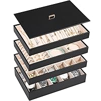 Voova Stackable Jewelry Organizer Tray with Lid, PU Leather Jewelry Storage Holder for Drawer Inserts, Jewellery Display Box Case for Earring Necklace Ring Watch Bracelet (Set of 4, Black)