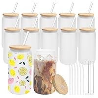 MOVNO 12 Pack Sublimation Cups - 16oz Frosted Glass Cups with Bamboo Lids and Straws Sublimation Glass Blanks Beer Can Shaped Cups Sublimation Glass Tumblers for Iced Coffee Juice Soda Drinks