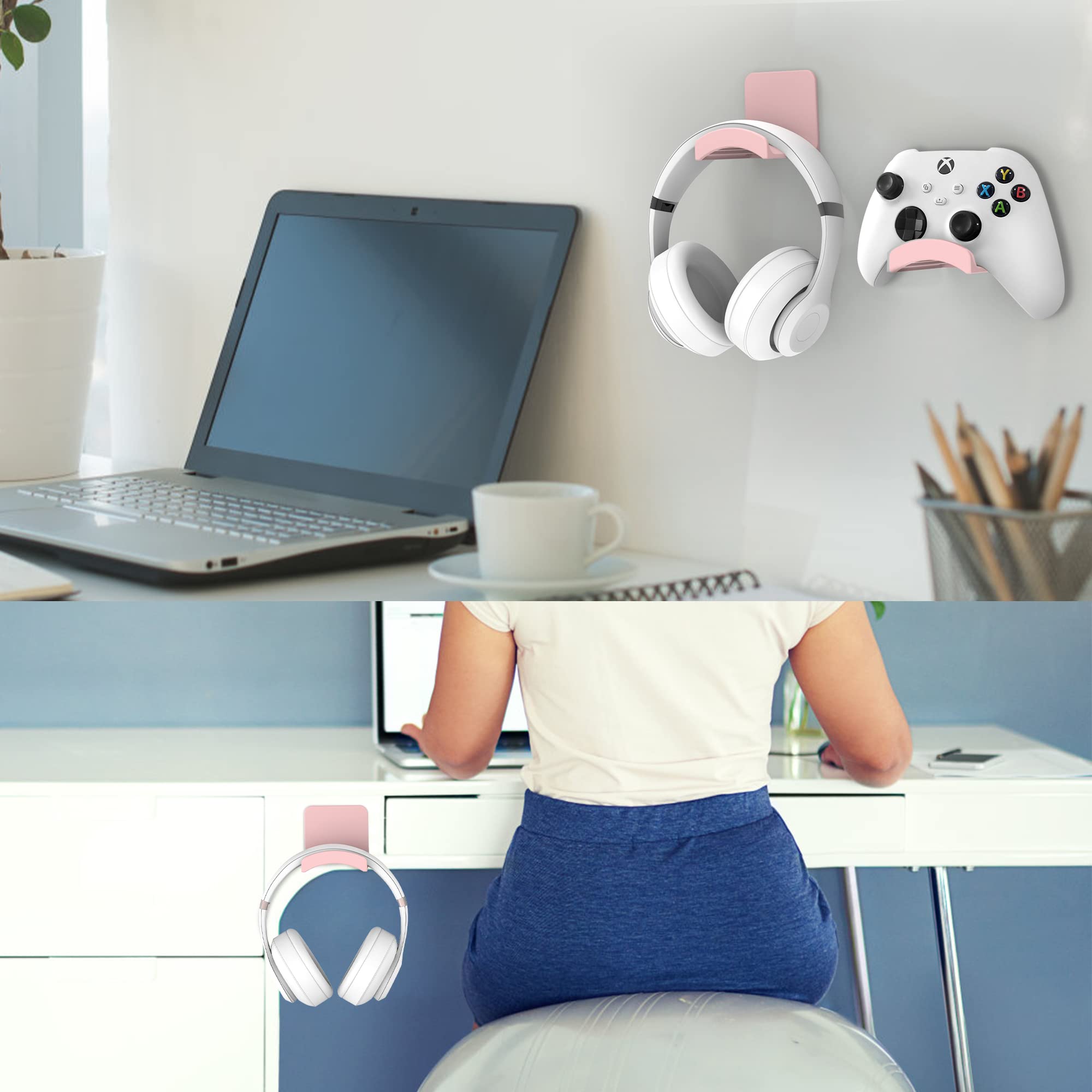 HomeMount Headphone Stand Headset Holder - Adhesive Gaming Headphone Hanger Hook Desk Mount for Most Headphone & Controller (Pink)