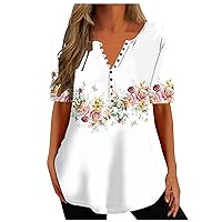 YZHM Summer Shirts for Women 2023 Trendy, Womens Blouses Dressy Casual Short Sleeve Tops V Neck Henley Tshirts Floral Printed Tunic Tops Loose Graphic Tees for Women Womens Summer Tops 2023