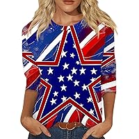 Summer 4th of July Shirts 3/4 Sleeve Tee Shirt Women Crew-Neck Yom Ha'atzmaut Flag Day Tops USA Printed