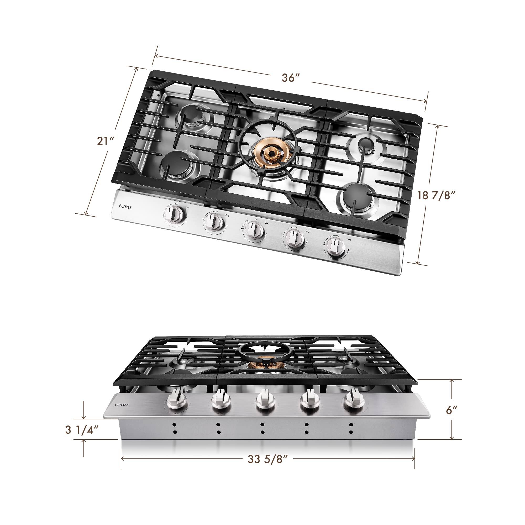FOTILE GLS36502 36” Stainless Steel 5-Burner Gas Cooktop, Tri-Ring 22,000 BTUs Center Burner with Flame Failure Protection Removable Grates and Installation/LP Kit