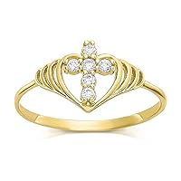 Savlano 18K Yellow Gold Plated Round Cut Cubic Zirconia Vertical Cross in Heart Band Ring Women's Girl's Religious Ring