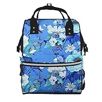 Blue Floral Print Diaper Bag Multifunction Laptop Backpack Travel Daypacks Large Nappy Bag