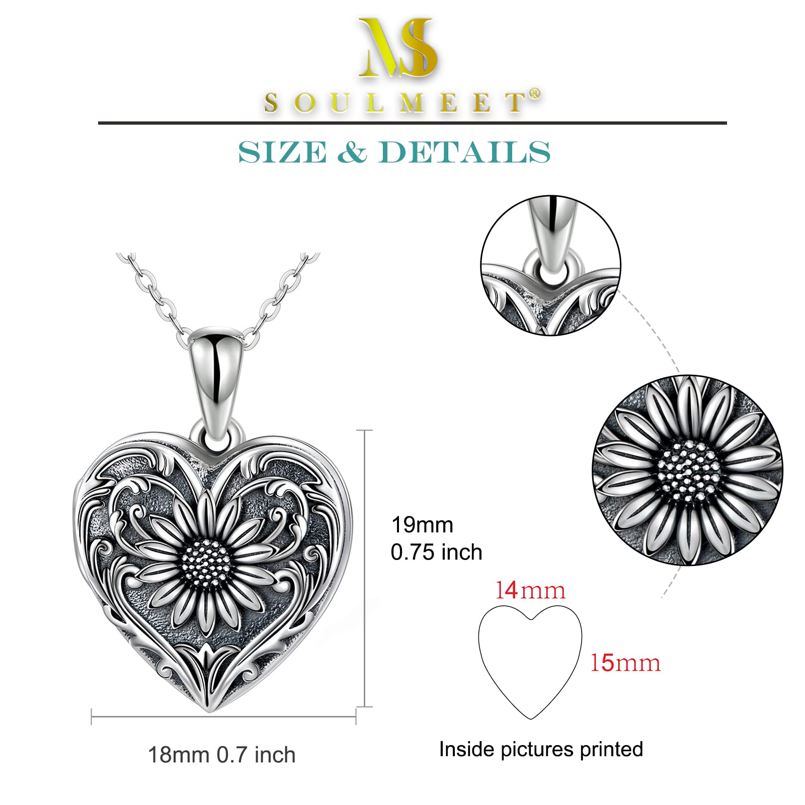 SOULMEET Sunflower Heart Shaped Locket Necklace That Holds Pictures Photo Keep Someone Near to You Sterling Silver/Gold Custom Jewelry Personalized Locket Necklace