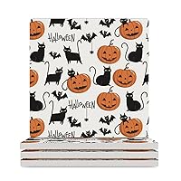 Halloween Pumpkins Cat Ceramic Coasters with Cork Bottom Absorbent Drink Coasters Housewarming Gifts for New Home Square 3.7 Inches 4PCS