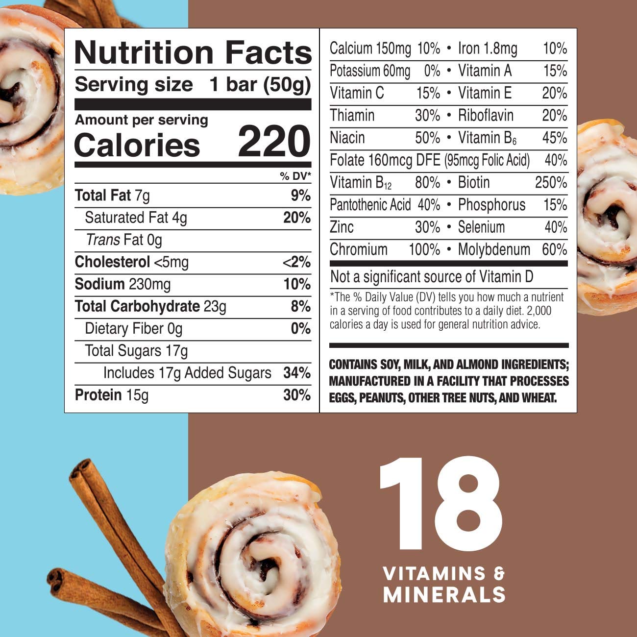 ZonePerfect Protein Bars, 18 vitamins & minerals, 15g protein, Nutritious Snack Bar, Cinnamon Roll, 30 Count