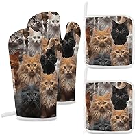 Oven Mitts And Pot Holders 4 Pcs Set Oven Glove for Cooking Cat Collection Oven Mitt Heat Resistant Kitchen Oven Gloves And Hot Pads Non-Slip Cooking Gloves for Baking Kitchen Hot Pads for Grilling Mi