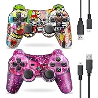 Puning PS3 Controller,Wireless Controller for Sony Playstation 3 with Dual Shock/Upgraded Joystick/Motion Control/600mAh Rechargerable Battery/2 USB Charging Cables(Sky and Art)