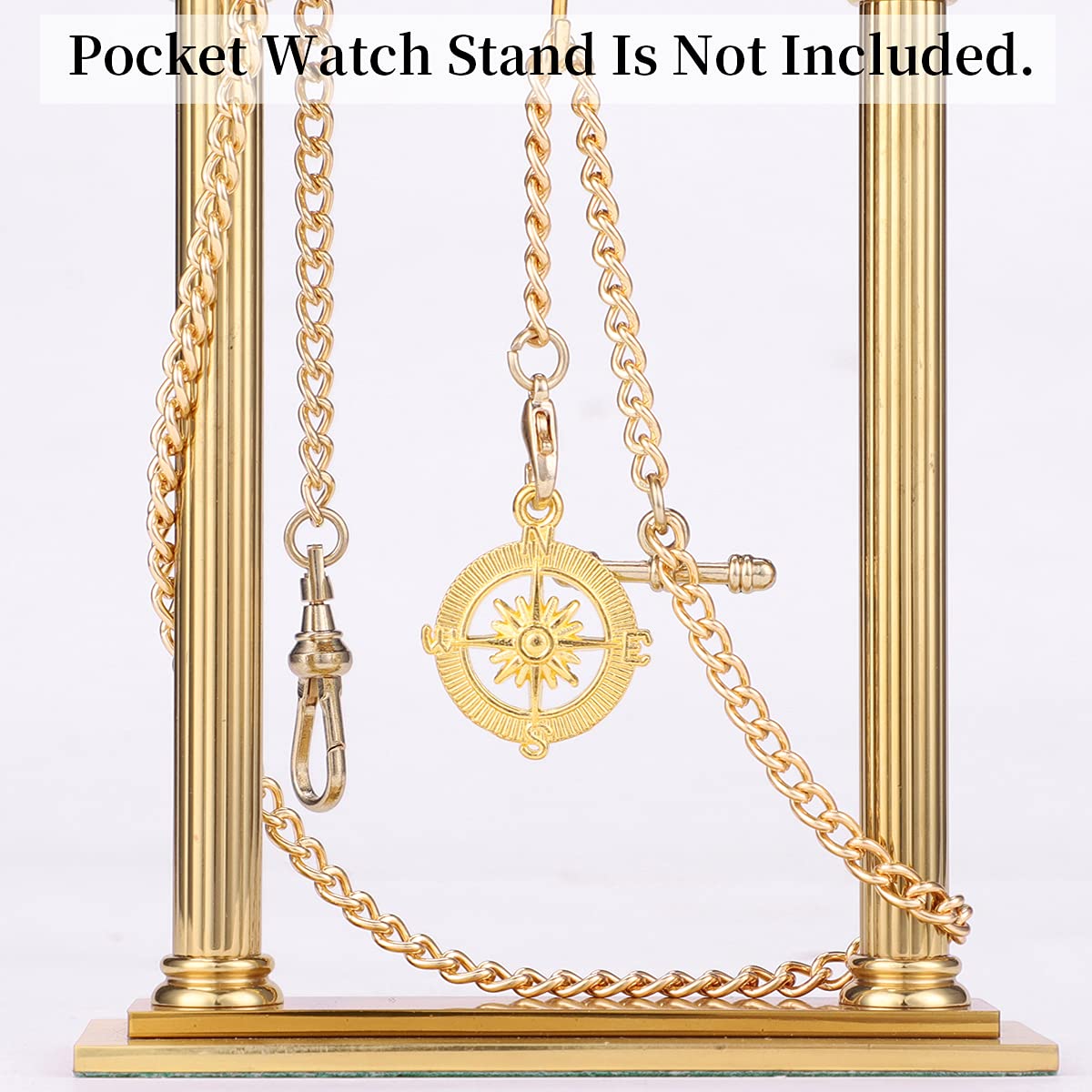 ManChDa Pocket Watch Albert Vest Chain with T Bar & Lobster Clasps, Watch Chain Curb Link Chain & Pocket Watch Stand（Silver）