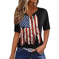 American Flag T Shirt Patriotic Shirts for Womens, Casual Button V-Neck Short Sleeve Tops Stars Stripes Tunic Tees