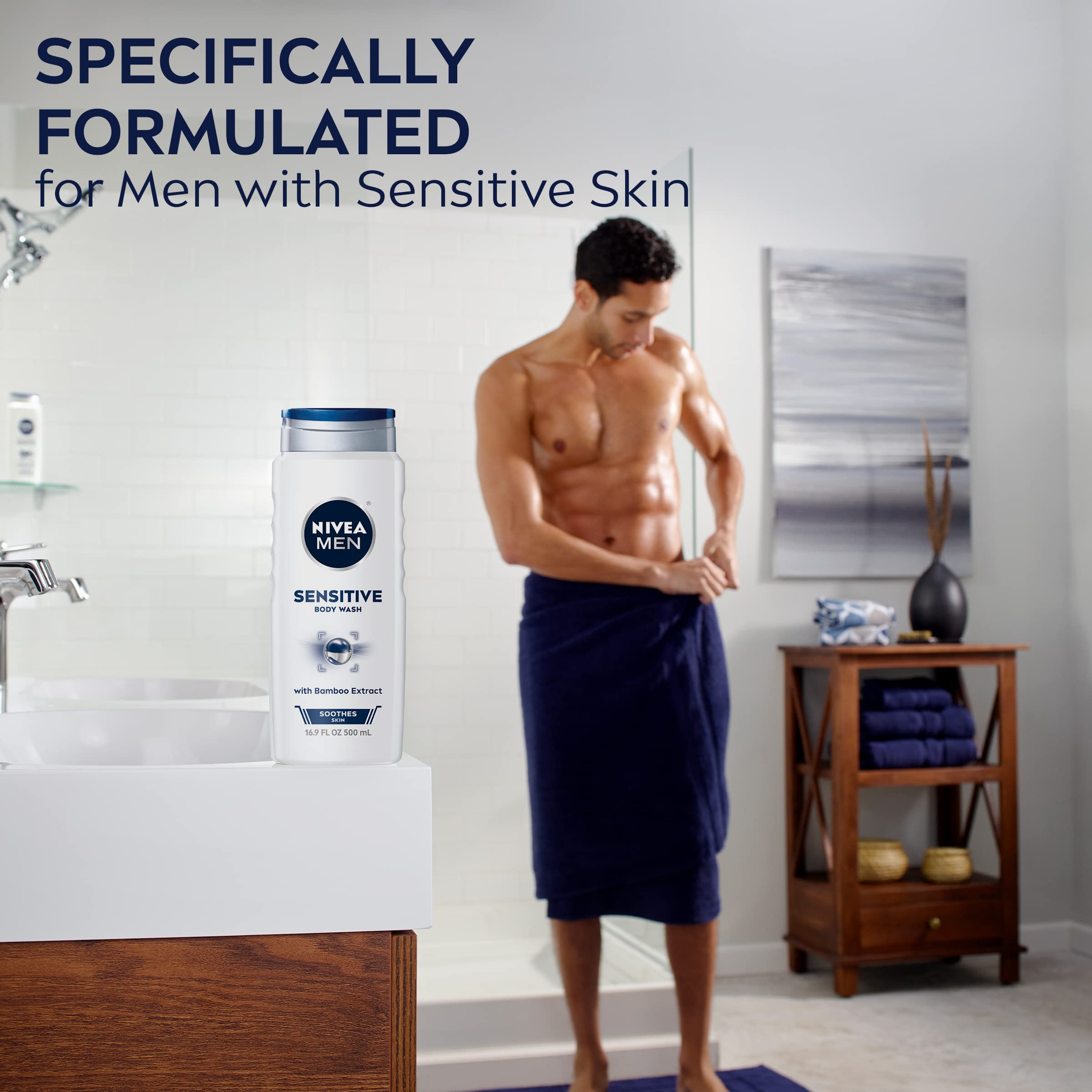 Nivea Men Sensitive Body Wash with Bamboo Extract, 3 Pack of 16.9 Fl Oz Bottles