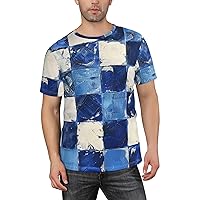 Men's Retro Blue White Checkered Short Sleeve T-Shirts, Checkerboard Graphic Tee