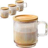 Lysenn Glass Coffee Mugs Set of 4 - Premium Classical Vertical Stripes Glass Cups with Lid - for Latte, Tea, Chocolate, Juice, Water - Lead-Free - Bamboo Lid – Iridescent