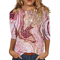 Women's Print Three Quarter Sleeve Button Round Neck Casual Top T-Shirt Summer Vacation Tops for Women
