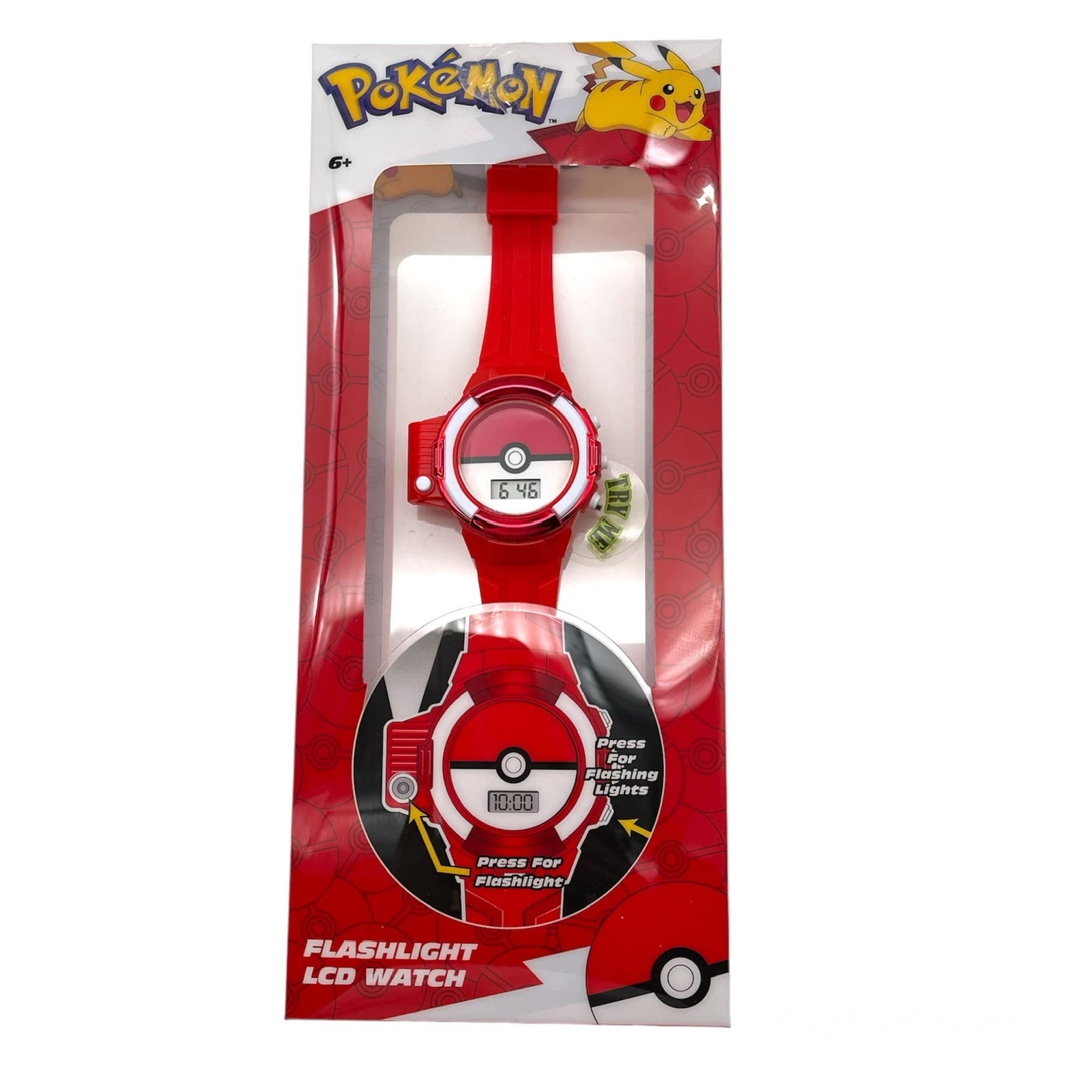 Accutime Kids Pokemon Red Pokeball Digital LCD Quartz Wrist-Watch with Flashlight and Red Strap for Boys, Girls (Model: POK4281AZ)