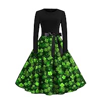 Women's St Patricks Day Dress Crewneck Classic Swing Dresses Vintage Fancy Casual Dress Bow Tie Knee-Length Dresses