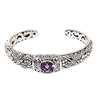 NOVICA Handmade Amethyst Cuff Bracelet .925 Sterling Silver from Indonesia Animal Themed Floral Leaf Tree Birthstone Dragonfly [6 in L (end to End) x 0.6 in W] 'Sacred Garden in Purple'