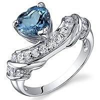 PEORA London Blue Topaz Heart Ring in Sterling Silver, Natural Gemstone, Statement Solitaire Design, 1.25 Carats total, Comfort Fit, Sizes 5 to 9