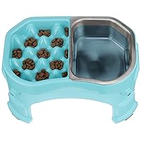 Neater Pet Brands – Neater Raised Slow Feeder Dog Bowl – Elevated and Adjustable Food Height - (Double Diner/w Metal Bowl, Aquamarine)