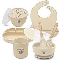Happy Feet Feeding Set, 9 Piece Baby Feeding Supplies Set, Food Grade Silicone Baby Feeding Set, Baby Led Weaning Set and Baby Dishes, Quality Baby Suction Bowls and Plates. (Cream)