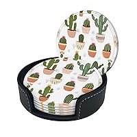 (Cactus Floral Bloom) Print Leather Coasters Set of 6 for Drinks with Holder Absorbent Round Cup Mat Pad for Living Room Dining Table Kitchen Home Decor Housewarming Gift