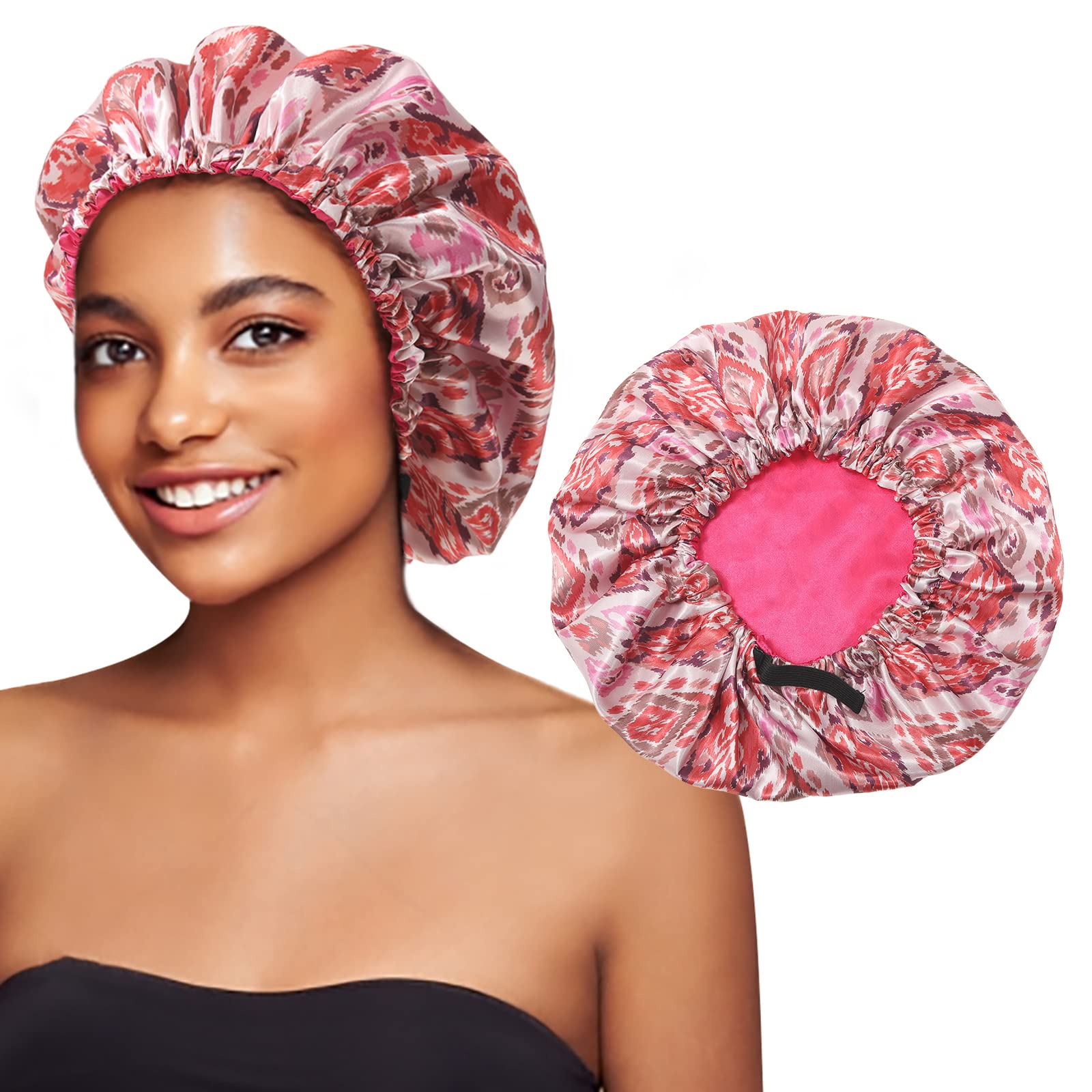 Satin Bonnet Silk Sleeping Cap - Silk Like Hair Wrap for Sleeping Large Reversible Hair Cap for Curly Hair Satin Bonnet for Women and Girls (Pink)